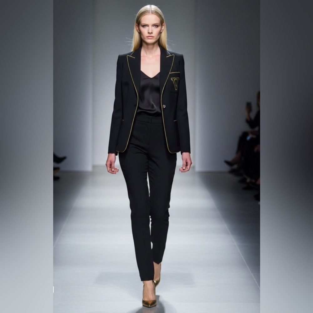 Versace Vintage Black Blazer with Gold Piping & Crest – Rare Designer Elegance